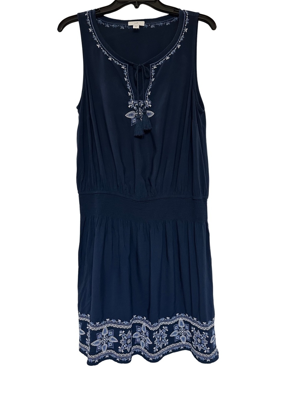 J Jill Navy Blue Embroidered Boho Dress M Petite Tassel Tie Smocked Waist Resort